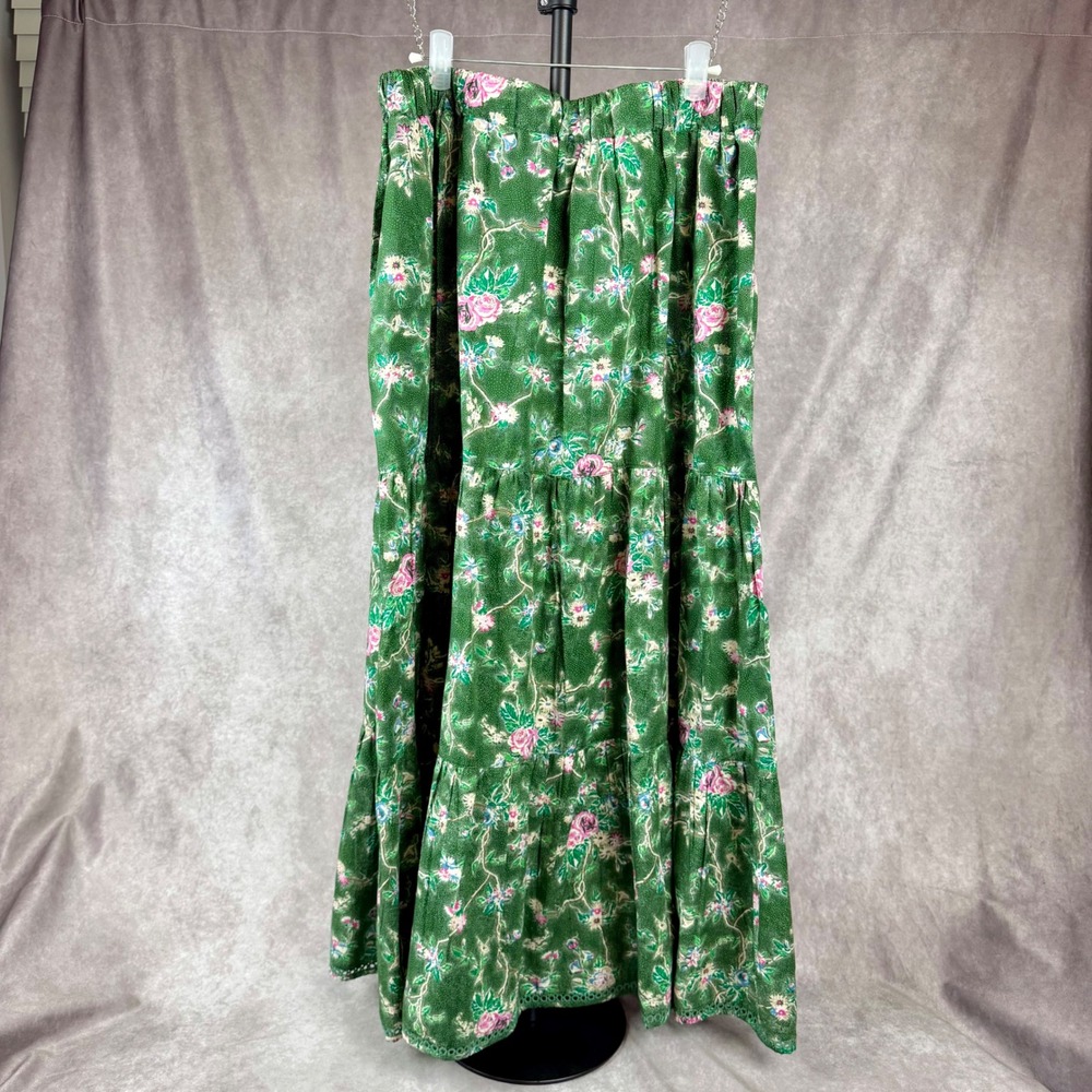 Green Floral BOHO Tiered Maxi Skirt Cottagecore with Eyelet Trim 100% Cotton